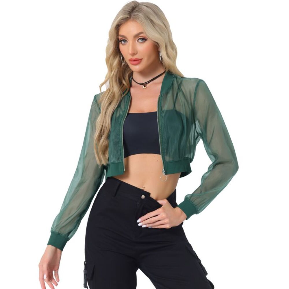 Bomber Jacket Long Sleeve Crop Mesh Sheer Jackets Green
